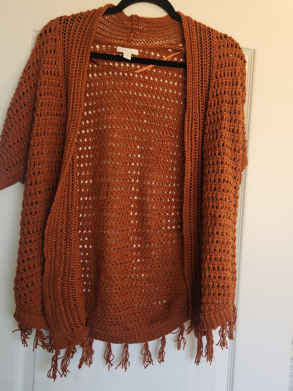 Cato Open-Front Crochet Fringe Cardigan - Rust Orange M EUC